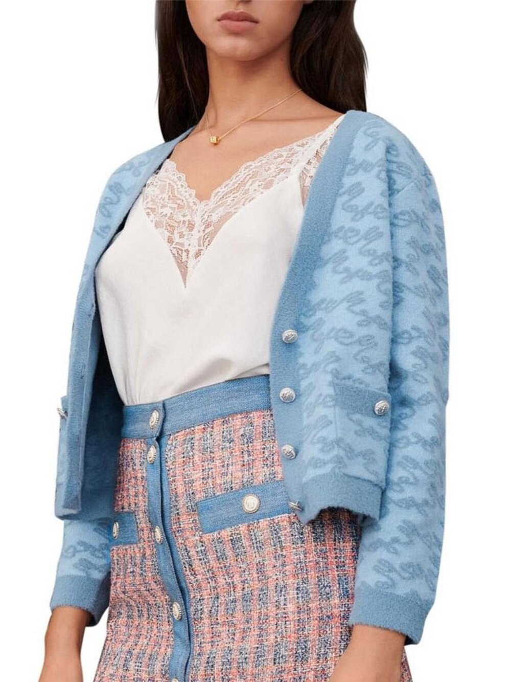 Maje - Moetic Jacquard Knit V-Neck Cropped Cardigan - Sz L